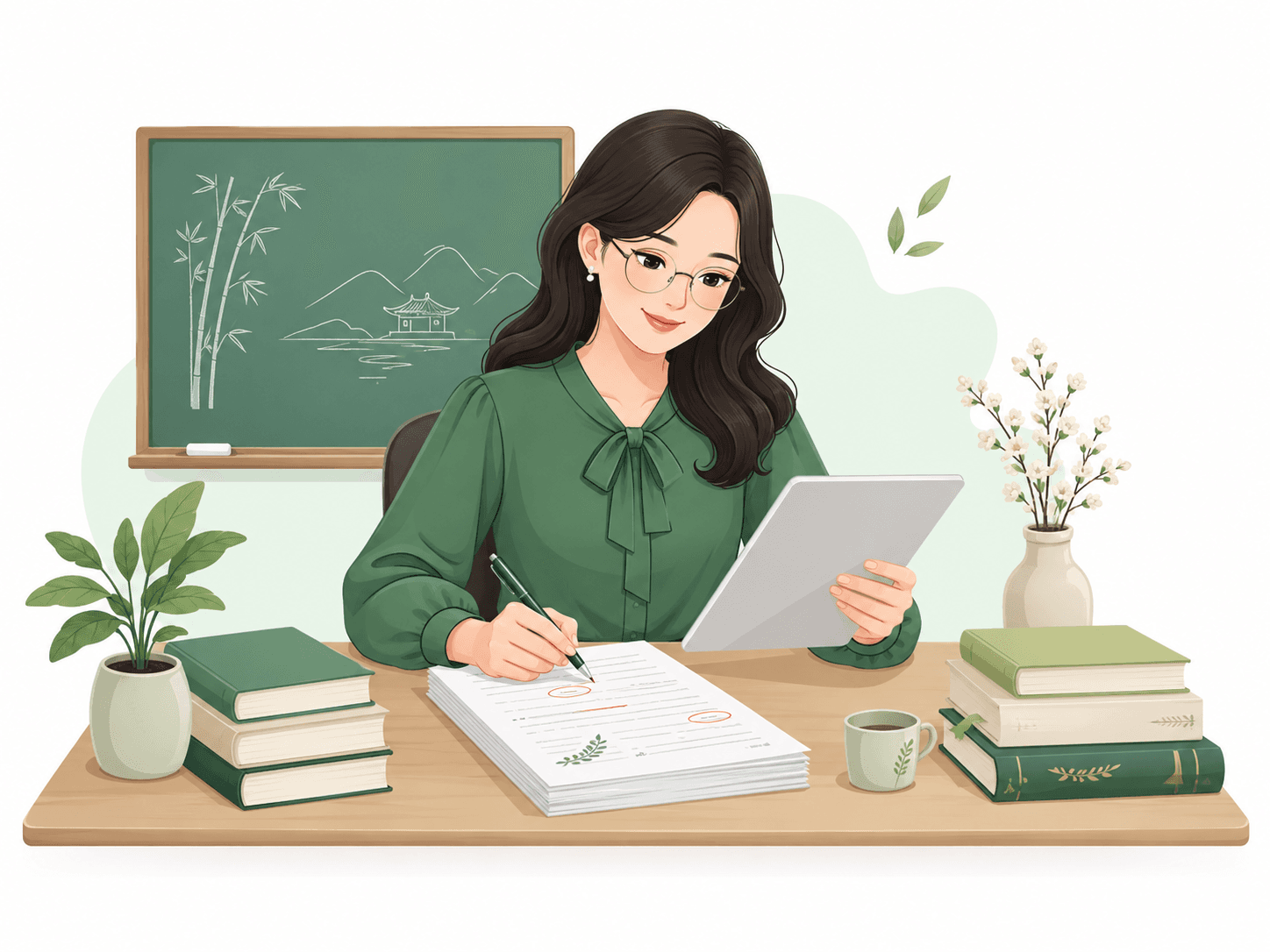 Giáo viên Ngữ văn đang kiểm tra bài chấm